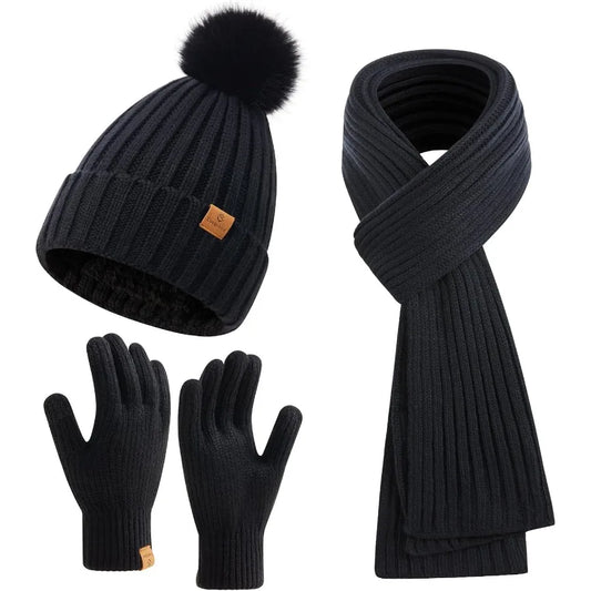 Winter Women's Long Scarf Gloves and Hat Set with Pom Pom for Cold Weather Protection Cozy Knit Beanie Hat with Matching Scarf