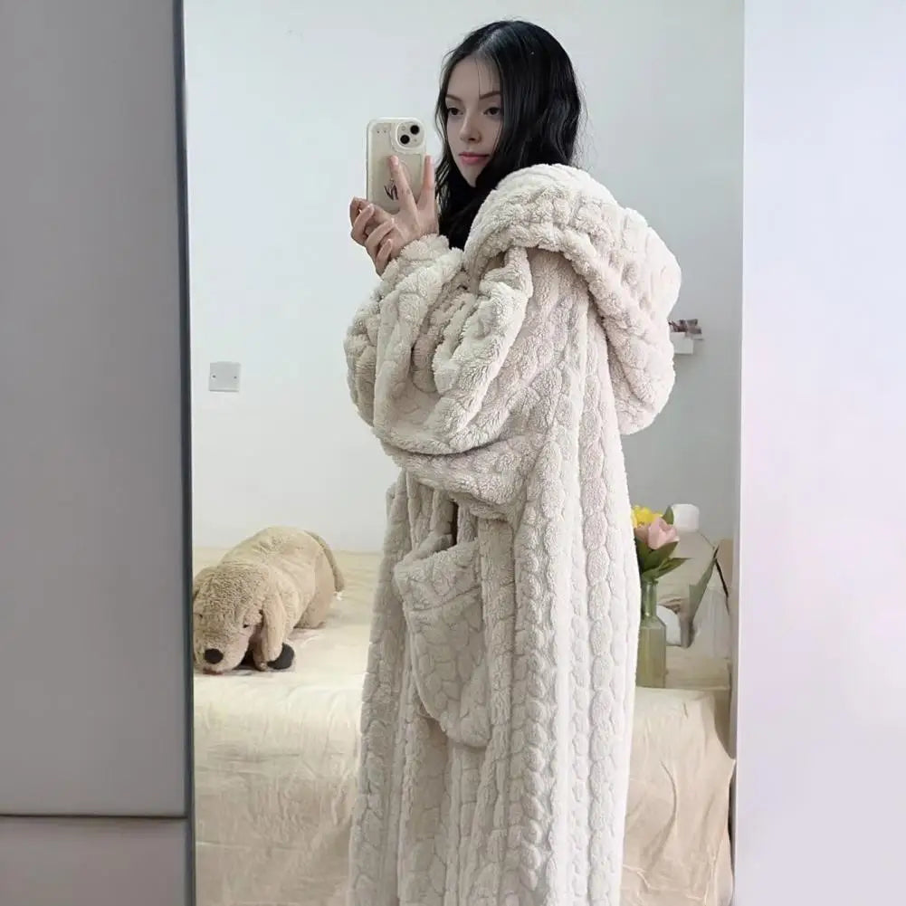 Women Nightgown Coral Fleece Pajamas Cozy Women's Flannel Fleece Nightgowns Long Sleeve Button Down Robe Hooded for Warmth