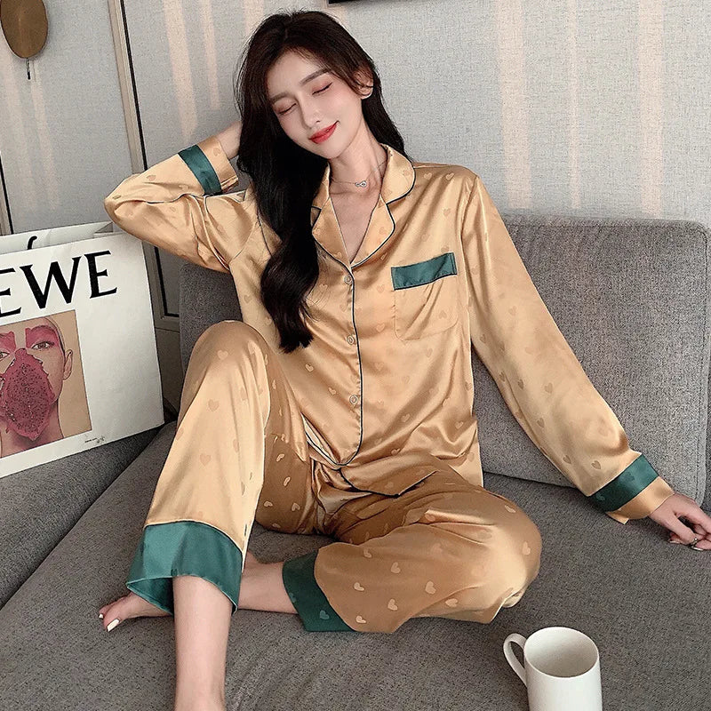 Top Autumn New Ice Silk Women Pajama Lapel Button Cardigan Outfits for Women 2 Piece Set Fashion Printing Set Clothes for Women