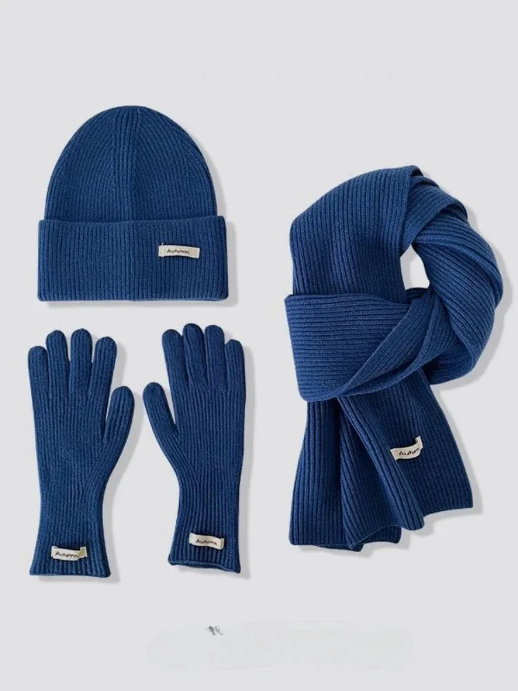 Knitted Winter Scarf Woman Solid Color Hat Scarf Gloves Women's Windproof Adult Three-piece Set Fashion Women's Scarf Hat Set