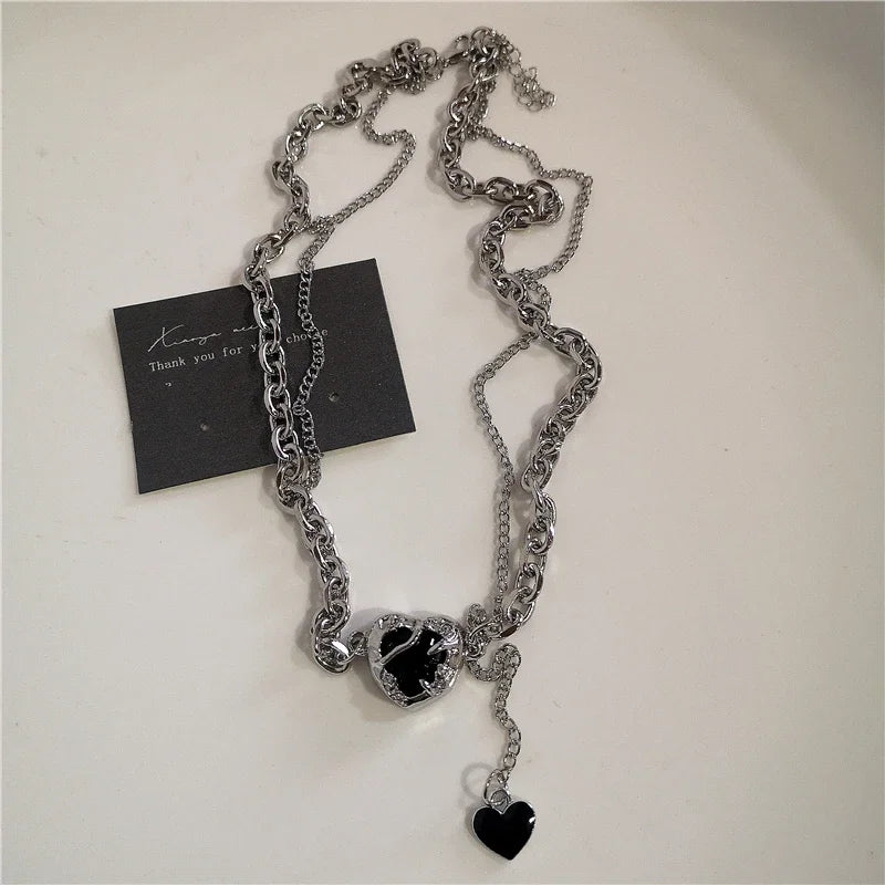 Punk Rock Black Heart Cross Pendant Chain Necklace For Men Women Cool Hip Hop Street Vintage 90s Y2K Grunge Goth Accessories