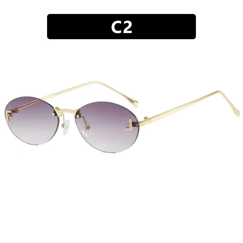 European and American Light Luxury Letter F Frameless Sunglasses Oval Retro Sunglasses Women's Fashionable Metal Sunglasses