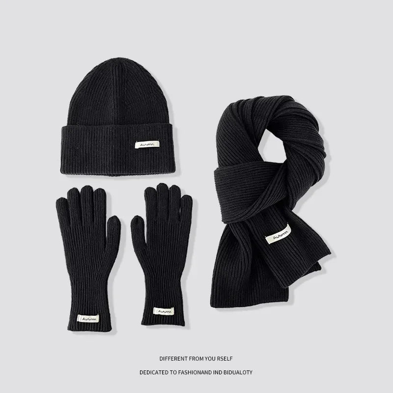 Knitted Winter Scarf Woman Solid Color Hat Scarf Gloves Women's Windproof Adult Three-piece Set Fashion Women's Scarf Hat Set