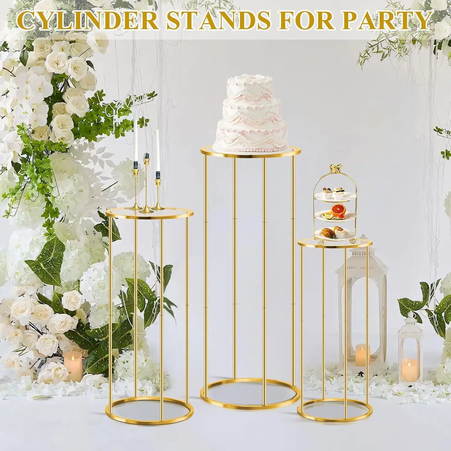 3 Pack Metal Cylinder Stands - Multi-Use Pedestal for Cake, Plant, Dessert Table | Party Decor