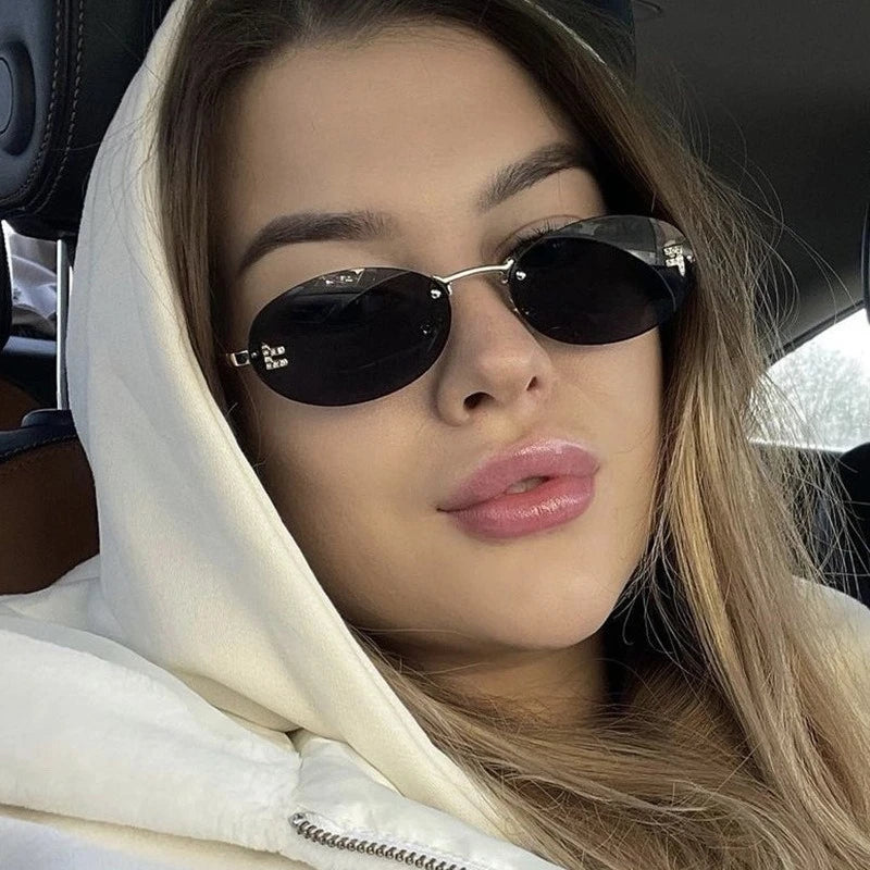 European and American Light Luxury Letter F Frameless Sunglasses Oval Retro Sunglasses Women's Fashionable Metal Sunglasses