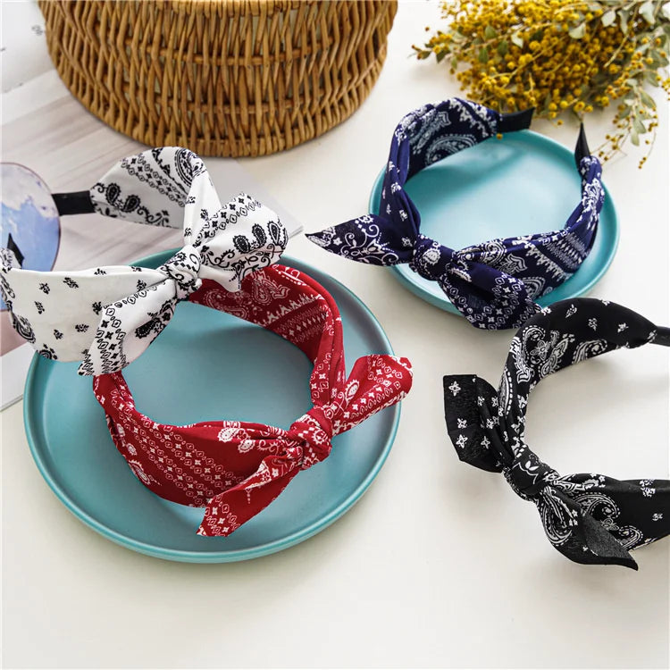 Fashion Paisley Bandana Headband For Women Top Knotted Bow Hairbands Cute Rabbit Ear Turban Headwrap Hair Band Girls Accessories