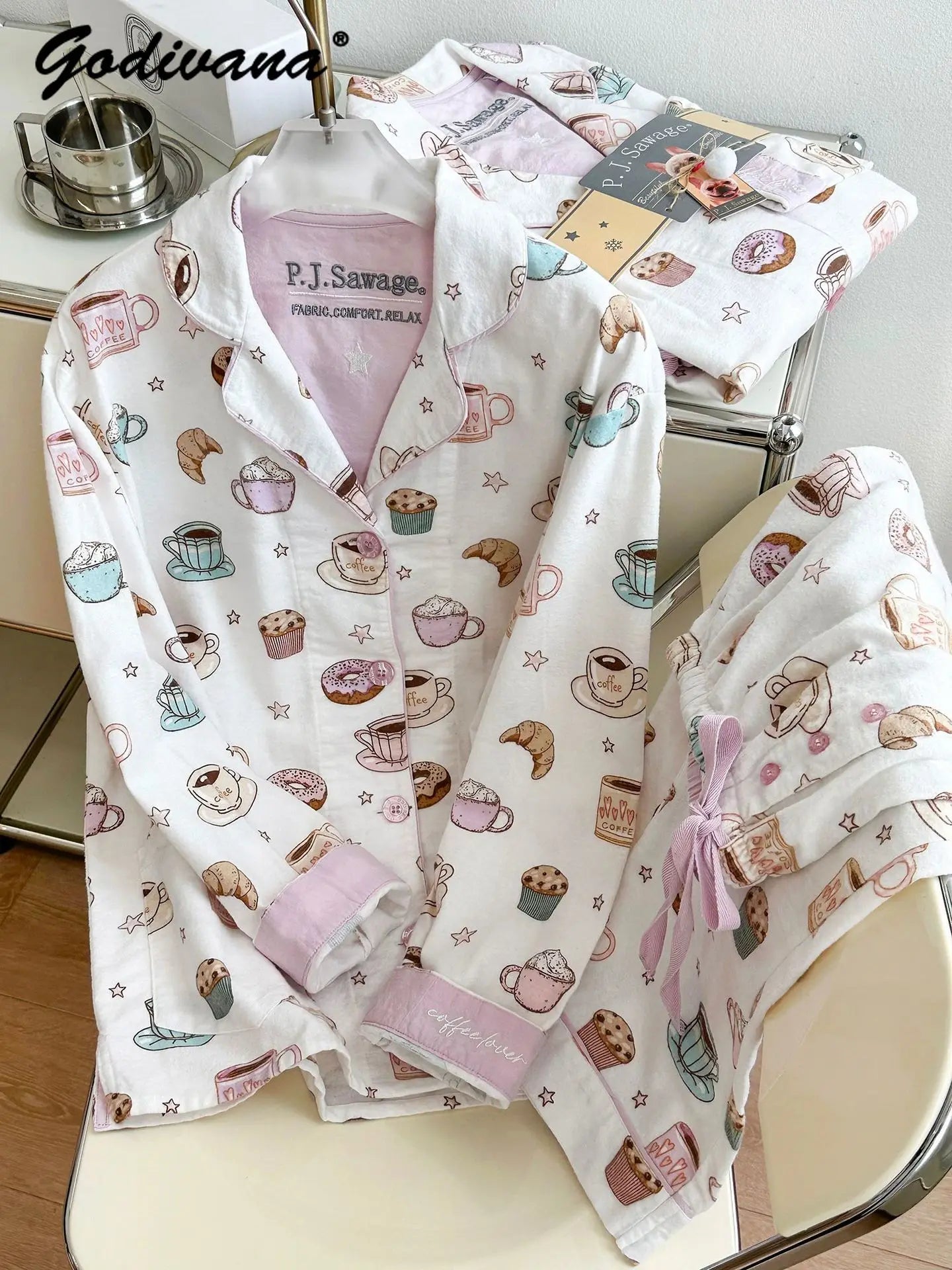 Japanese 100% Cotton Cute Cartoon Printed Pajamas Women's Spring Autumn and Winter Comfortable Loungewear Set Casual Sleepwear