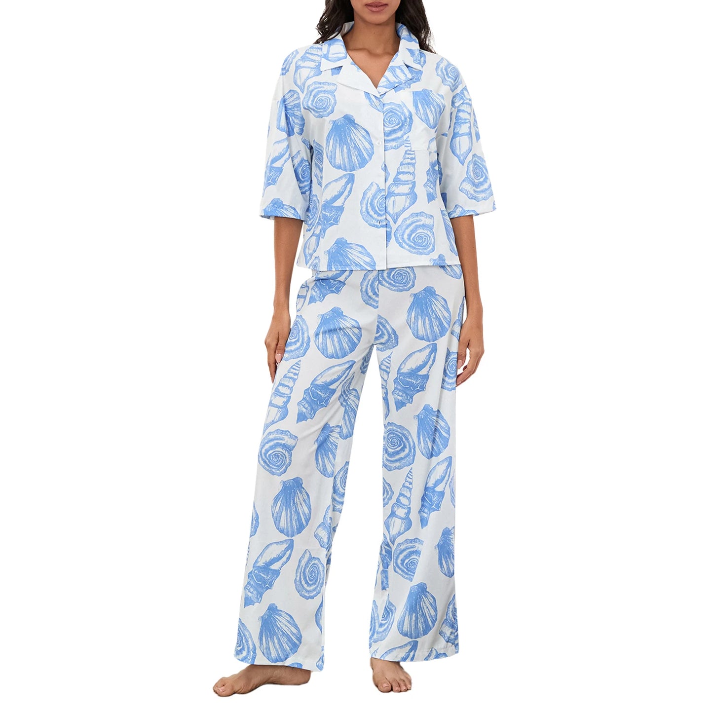 Women s Pajama Set Tropical Leaf Print Short Sleeve Button Down Tops Elastic Waist Pants 2 Piece Lounge Outfit