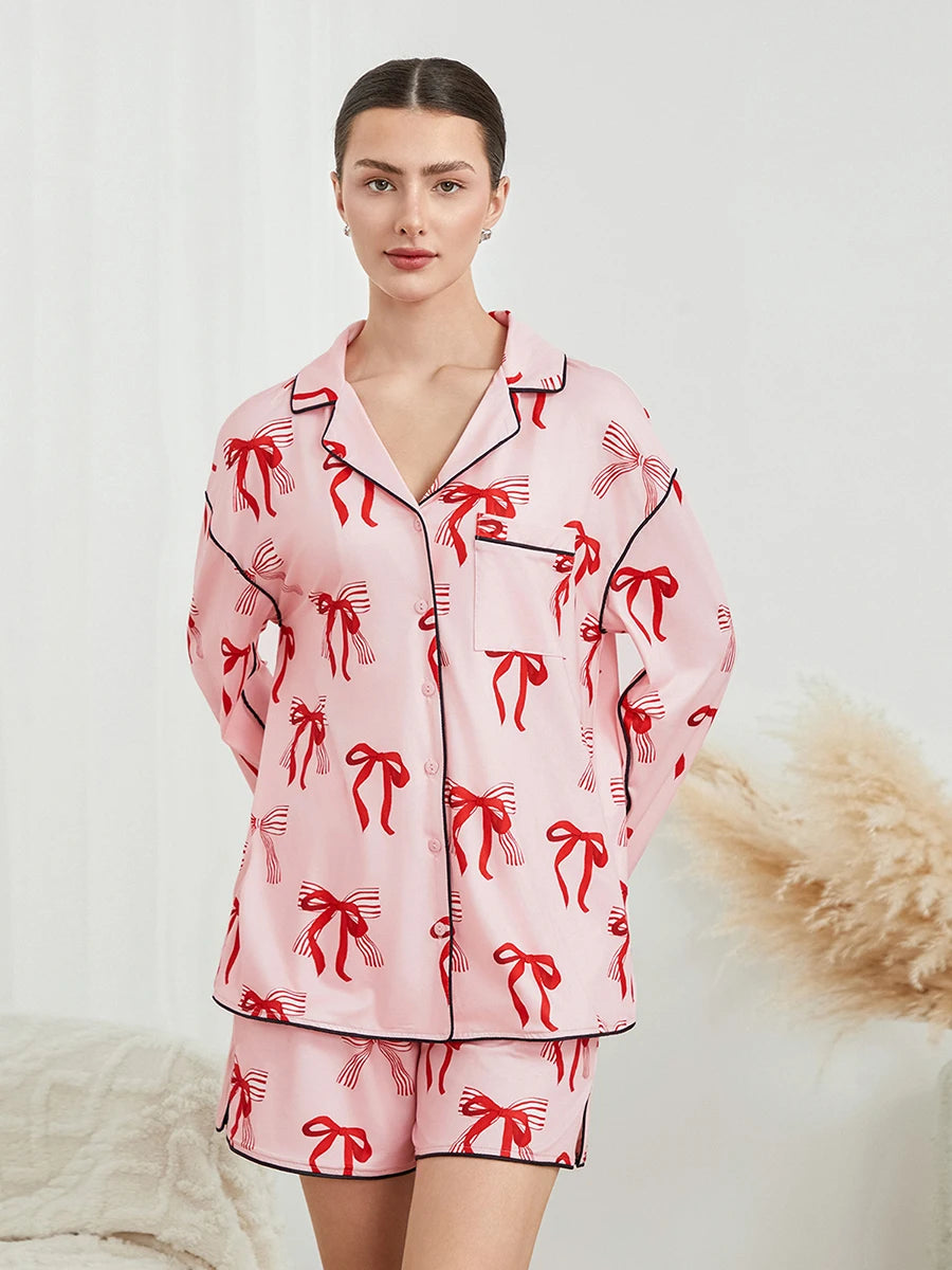 Women s Pajama Set V-Neck Long Sleeve Button Down Floral Print Tops Drawstring Waist Shorts Floral Print 2 Piece Lounge