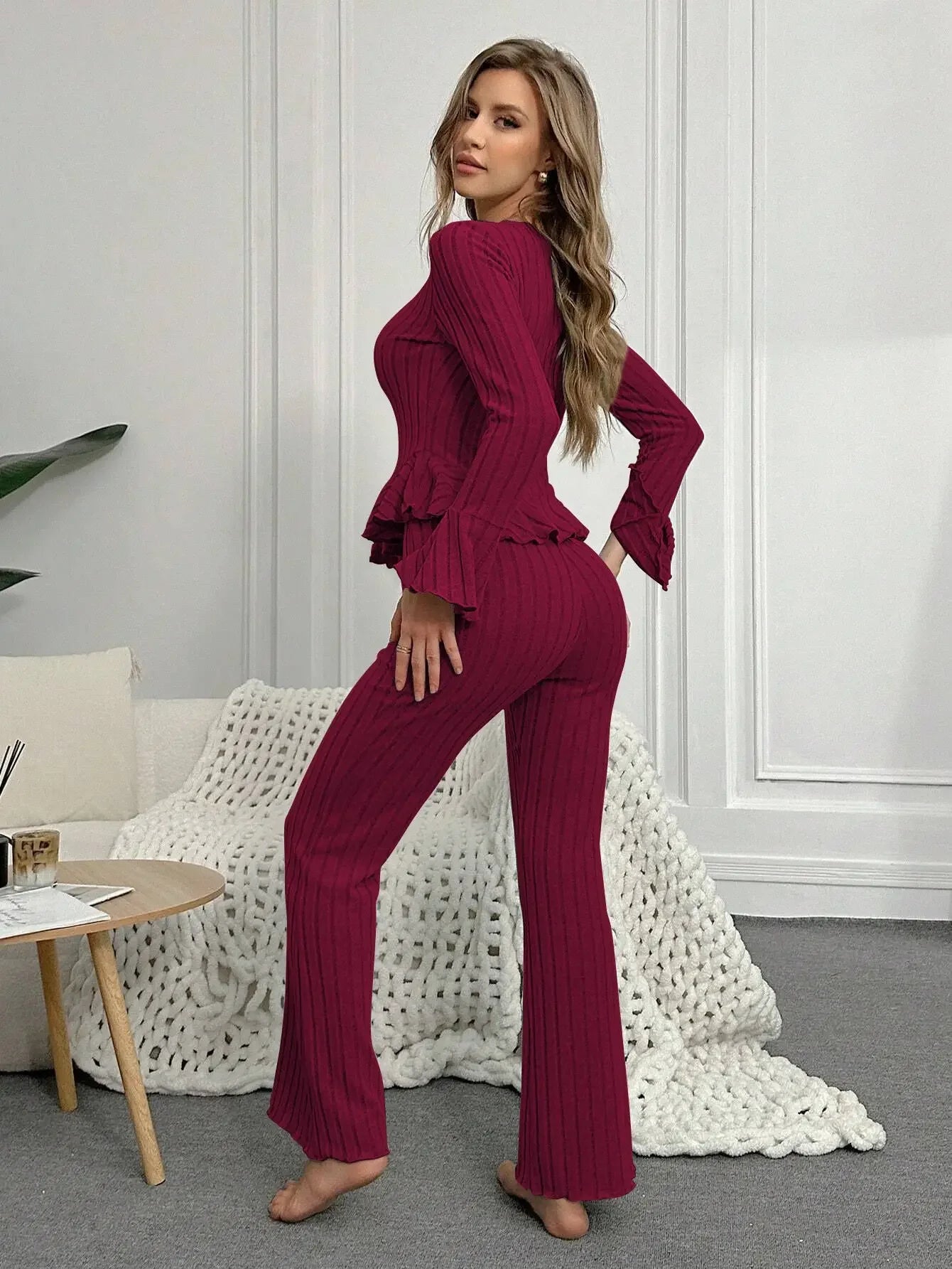 Women Sleepwear Autumn Winter Pajamas Sets Two Pieces Sexy V Neck Long Sleeve Tops and Trousers Set Loungewear Home Clothes