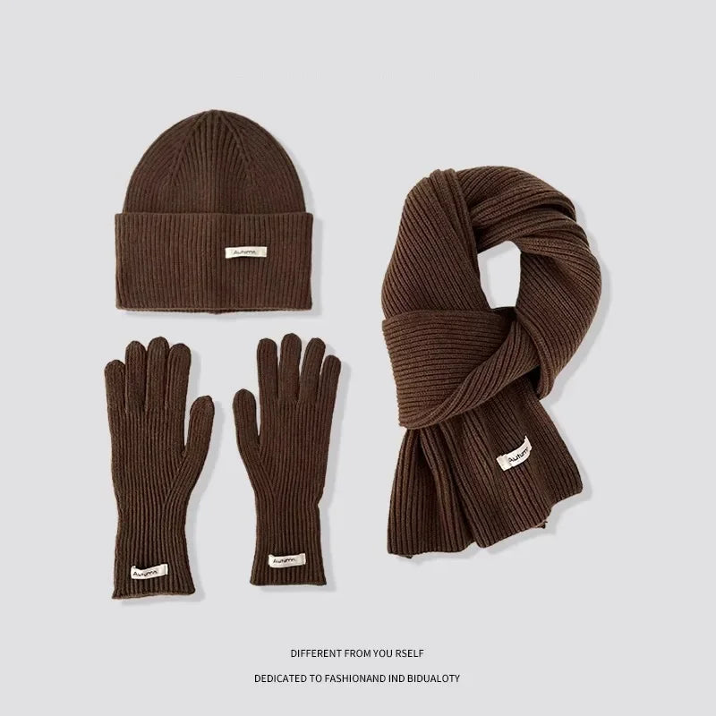 Knitted Winter Scarf Woman Solid Color Hat Scarf Gloves Women's Windproof Adult Three-piece Set Fashion Women's Scarf Hat Set