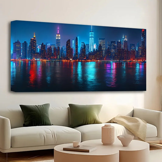 1.5 inch thick pine frame, city night view canvas poster, New York City skyline painting art, wall decor, home and dorm decor
