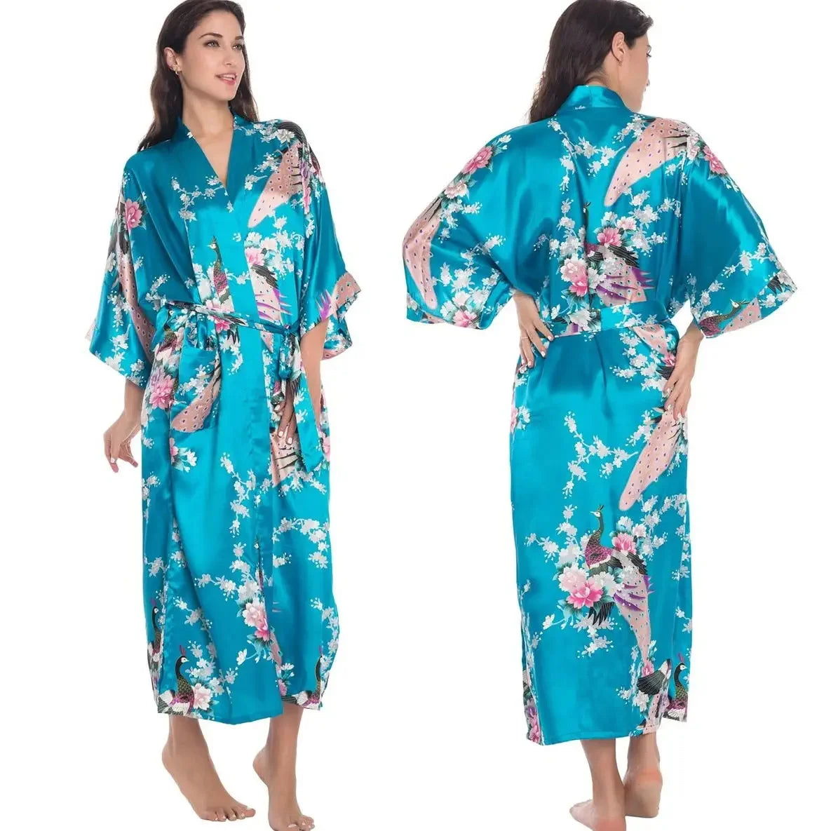 Chinese Style Print Flower Lonhg Robe Home Dress Silky Satin Kimono Bathrobe Gown Female Sleepwear Loose Nightgown Lounge Wear