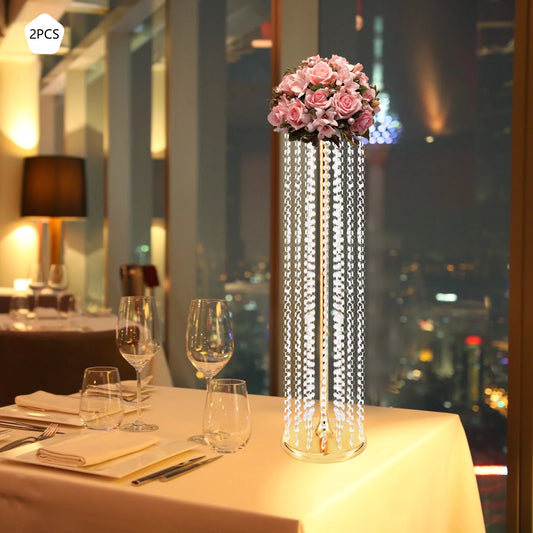 2 Pcs 90cm Wedding Centerpieces Flower Vases Acrylic Crystal Gold Vase Metal Flowers Stand for Party Tables Decorations