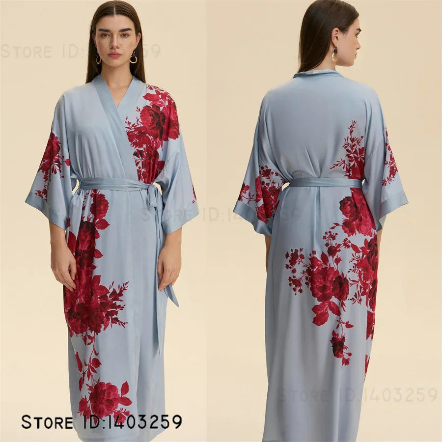 Chinese Style Print Flower Lonhg Robe Home Dress Silky Satin Kimono Bathrobe Gown Female Sleepwear Loose Nightgown Lounge Wear