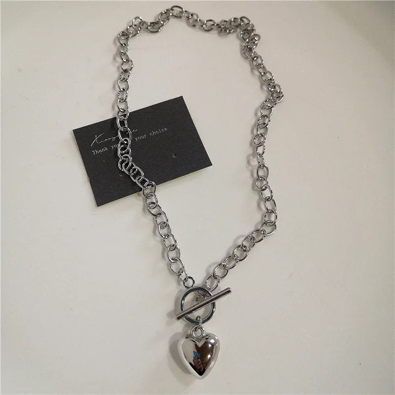 Punk Rock Black Heart Cross Pendant Chain Necklace For Men Women Cool Hip Hop Street Vintage 90s Y2K Grunge Goth Accessories
