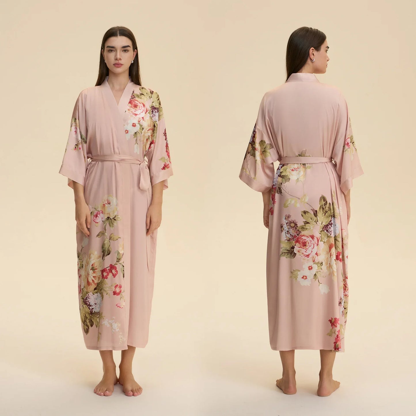 Chinese Style Print Flower Lonhg Robe Home Dress Silky Satin Kimono Bathrobe Gown Female Sleepwear Loose Nightgown Lounge Wear