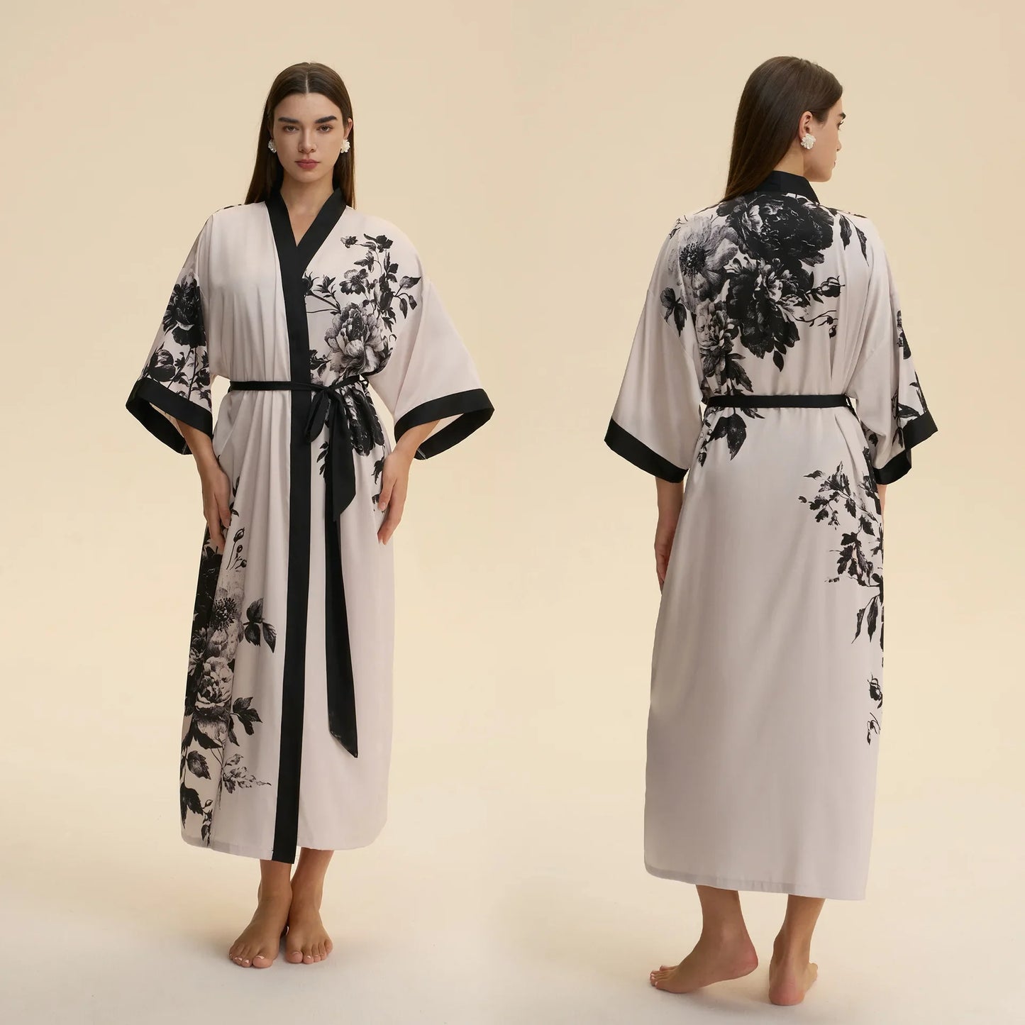 Chinese Style Print Flower Lonhg Robe Home Dress Silky Satin Kimono Bathrobe Gown Female Sleepwear Loose Nightgown Lounge Wear