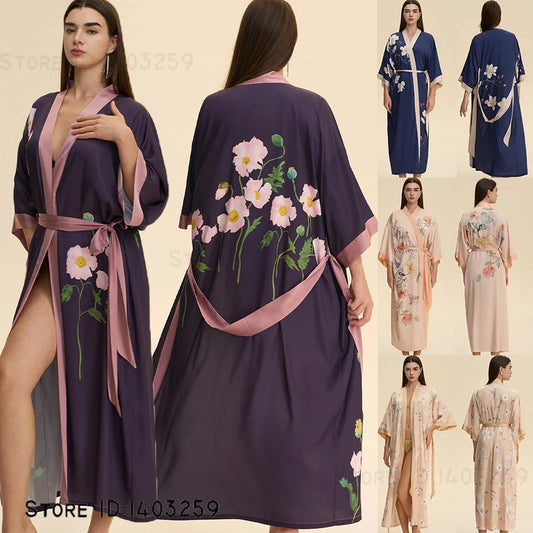Chinese Style Print Flower Lonhg Robe Home Dress Silky Satin Kimono Bathrobe Gown Female Sleepwear Loose Nightgown Lounge Wear