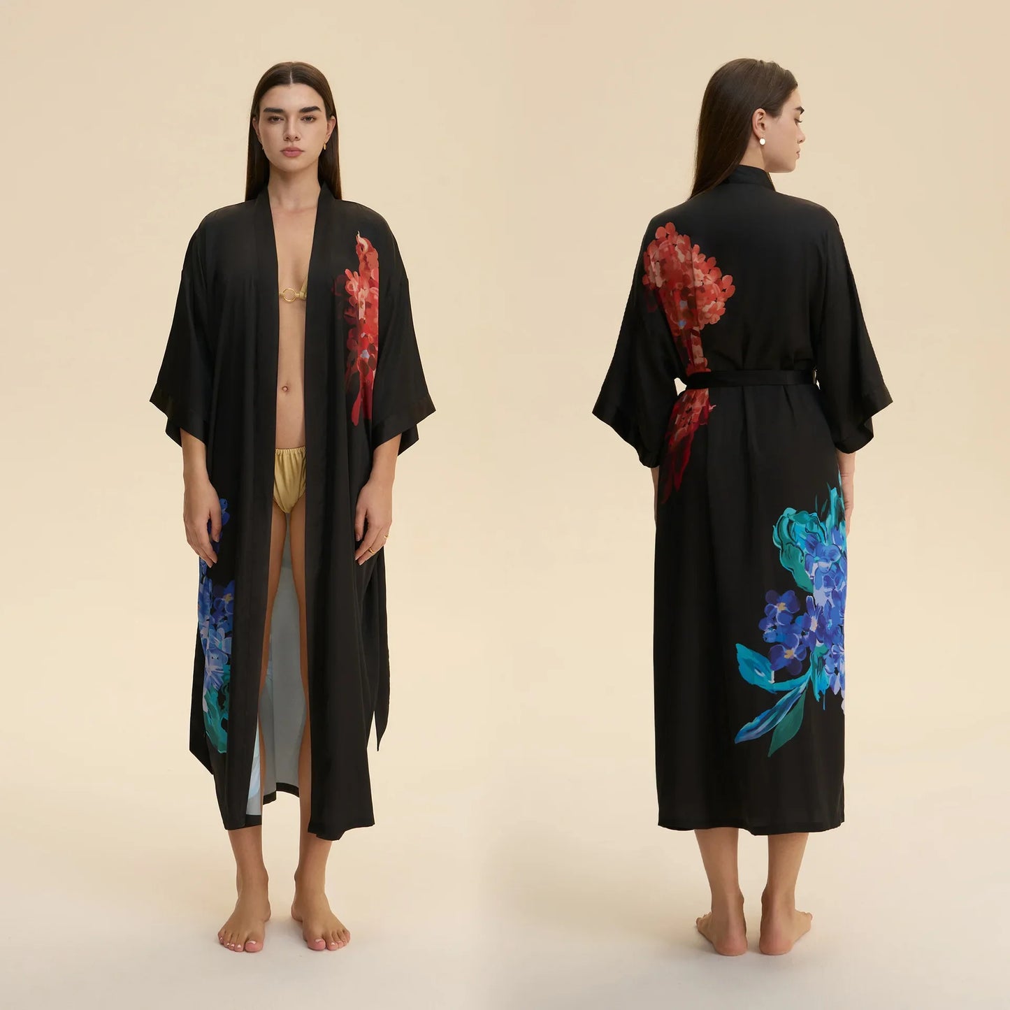 Chinese Style Print Flower Lonhg Robe Home Dress Silky Satin Kimono Bathrobe Gown Female Sleepwear Loose Nightgown Lounge Wear