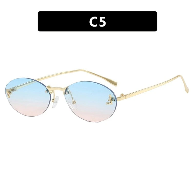 European and American Light Luxury Letter F Frameless Sunglasses Oval Retro Sunglasses Women's Fashionable Metal Sunglasses