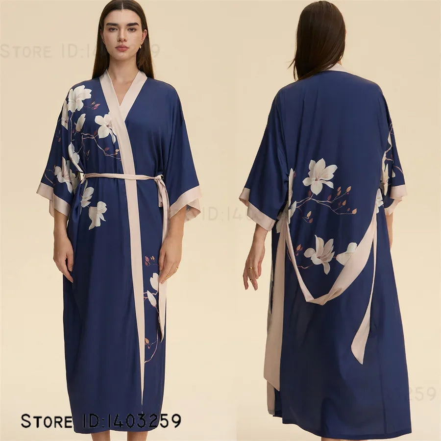 Chinese Style Print Flower Lonhg Robe Home Dress Silky Satin Kimono Bathrobe Gown Female Sleepwear Loose Nightgown Lounge Wear