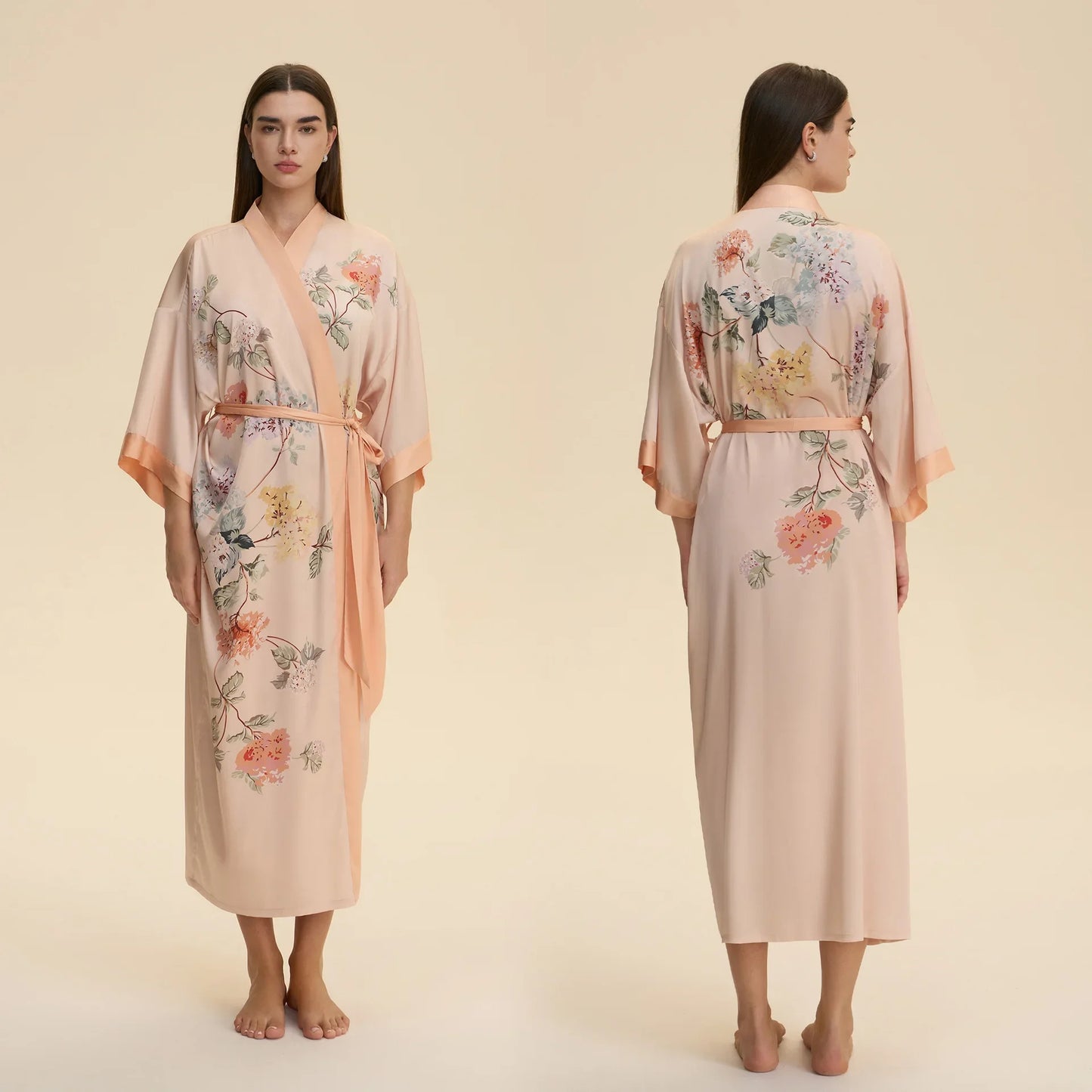 Chinese Style Print Flower Lonhg Robe Home Dress Silky Satin Kimono Bathrobe Gown Female Sleepwear Loose Nightgown Lounge Wear