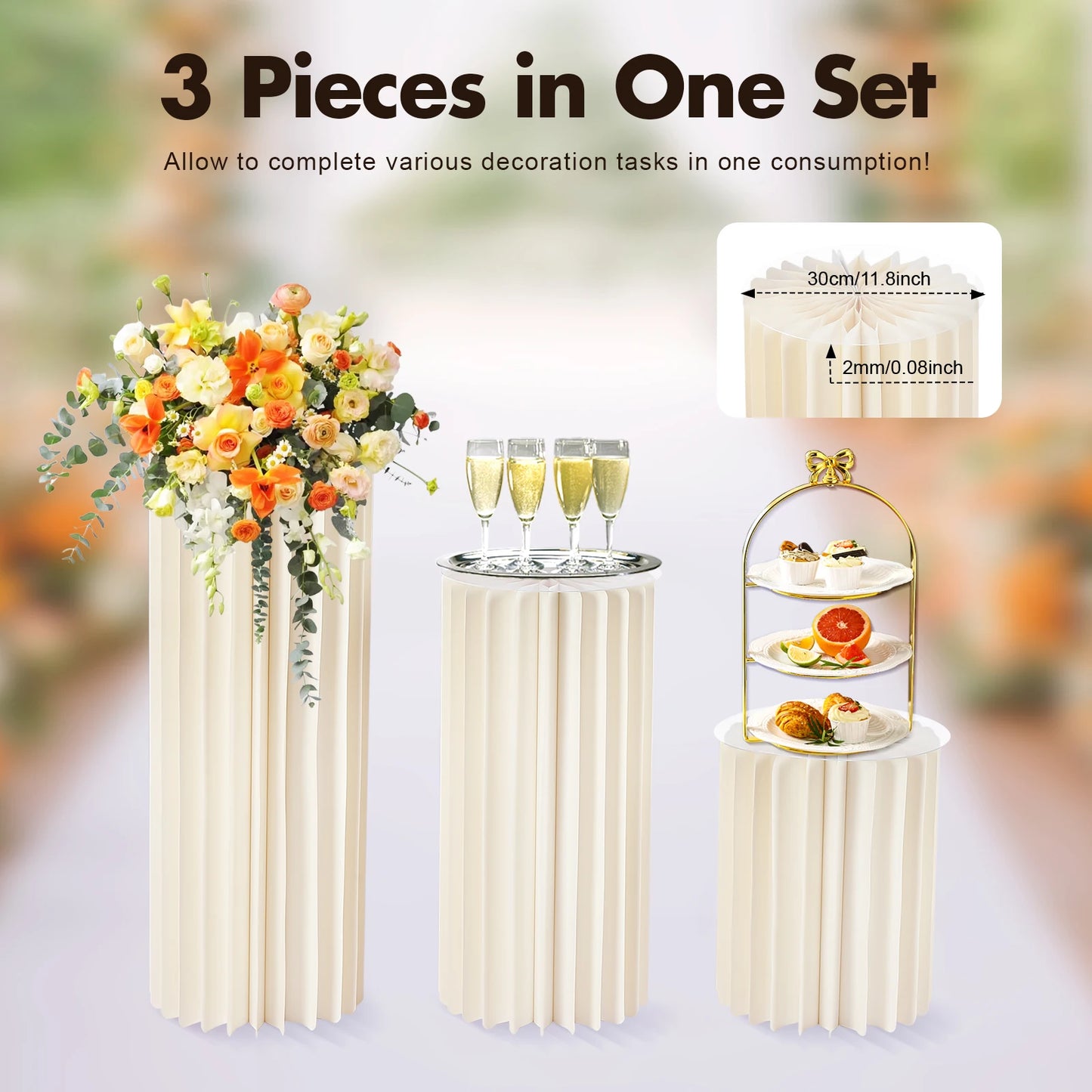 3Pcs Foldable Cardboard Flower Stands Wedding Centerpieces Vase Dessert Table Party Decor Cylinder Display Pedestal (40+60+80cm)