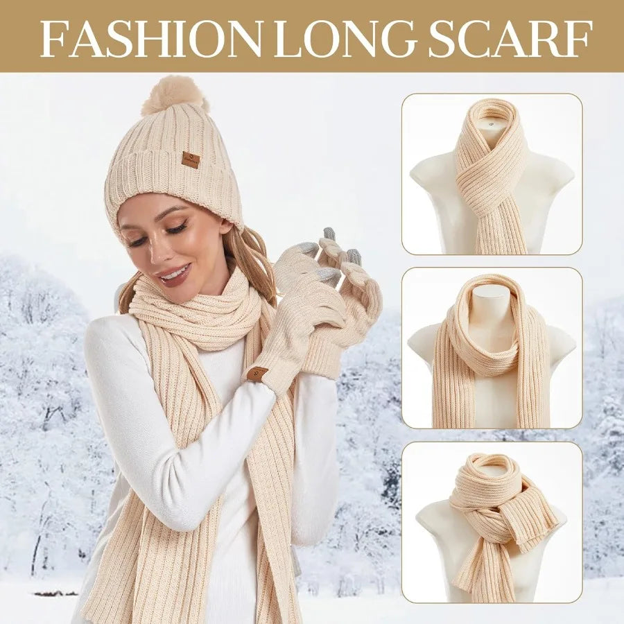 Winter Women's Long Scarf Gloves and Hat Set with Pom Pom for Cold Weather Protection Cozy Knit Beanie Hat with Matching Scarf