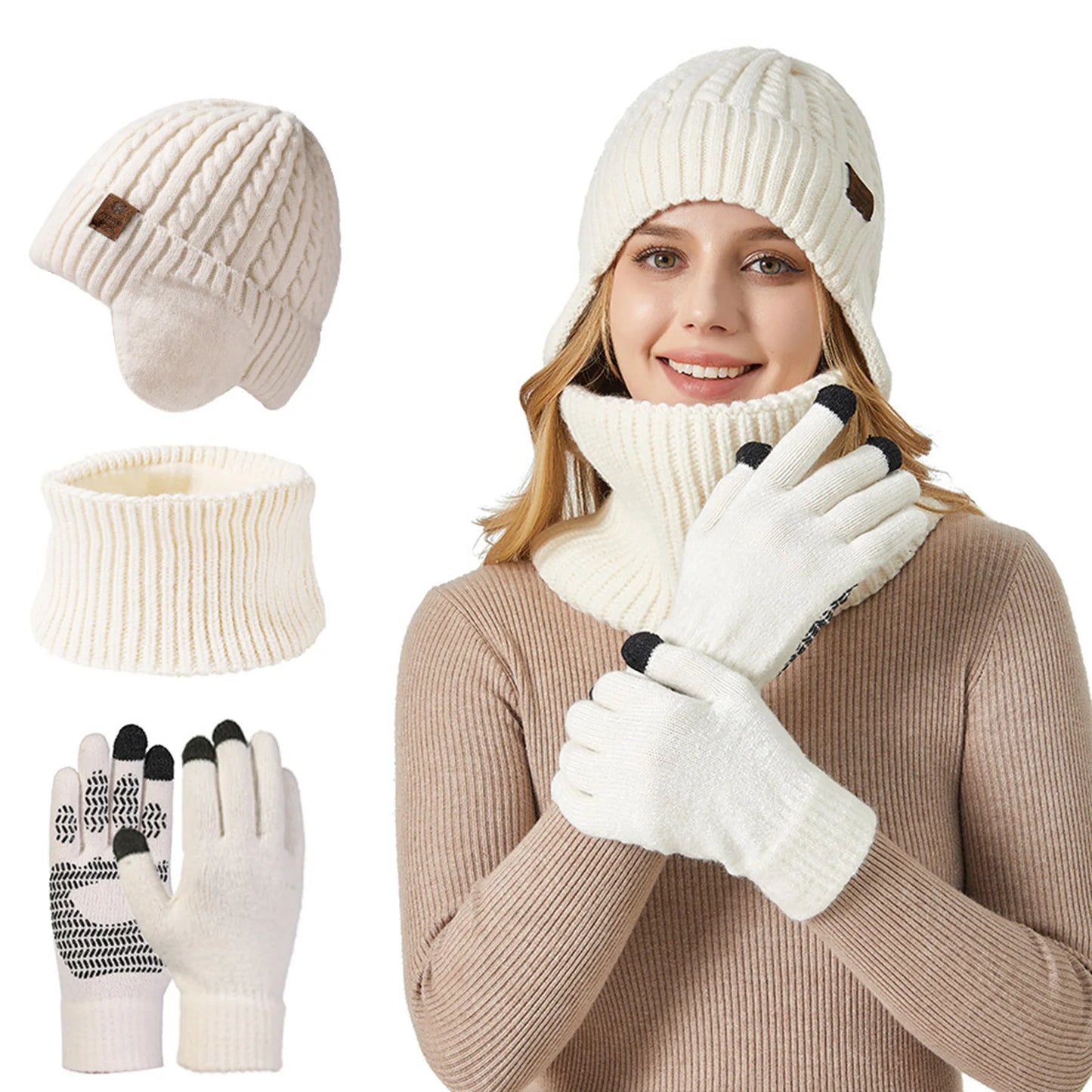 Warm Knit Beanie Hat Neck Scarf Glove Sets Knit Slouchy Beanie Hat Neck Warmer Screen-Touch Texting Scarves glove for Men women