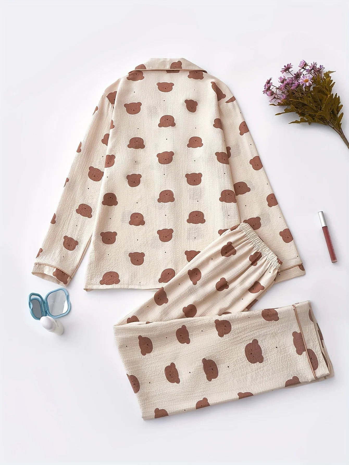 Cozy Bear Print Pajama Set for Women - Long Sleeve, Button-Up Lapel Top & Elastic Waist Pants, Machine Washable, for Autumn