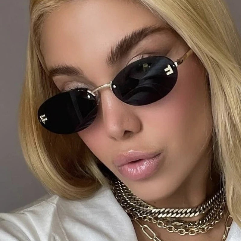 European and American Light Luxury Letter F Frameless Sunglasses Oval Retro Sunglasses Women's Fashionable Metal Sunglasses