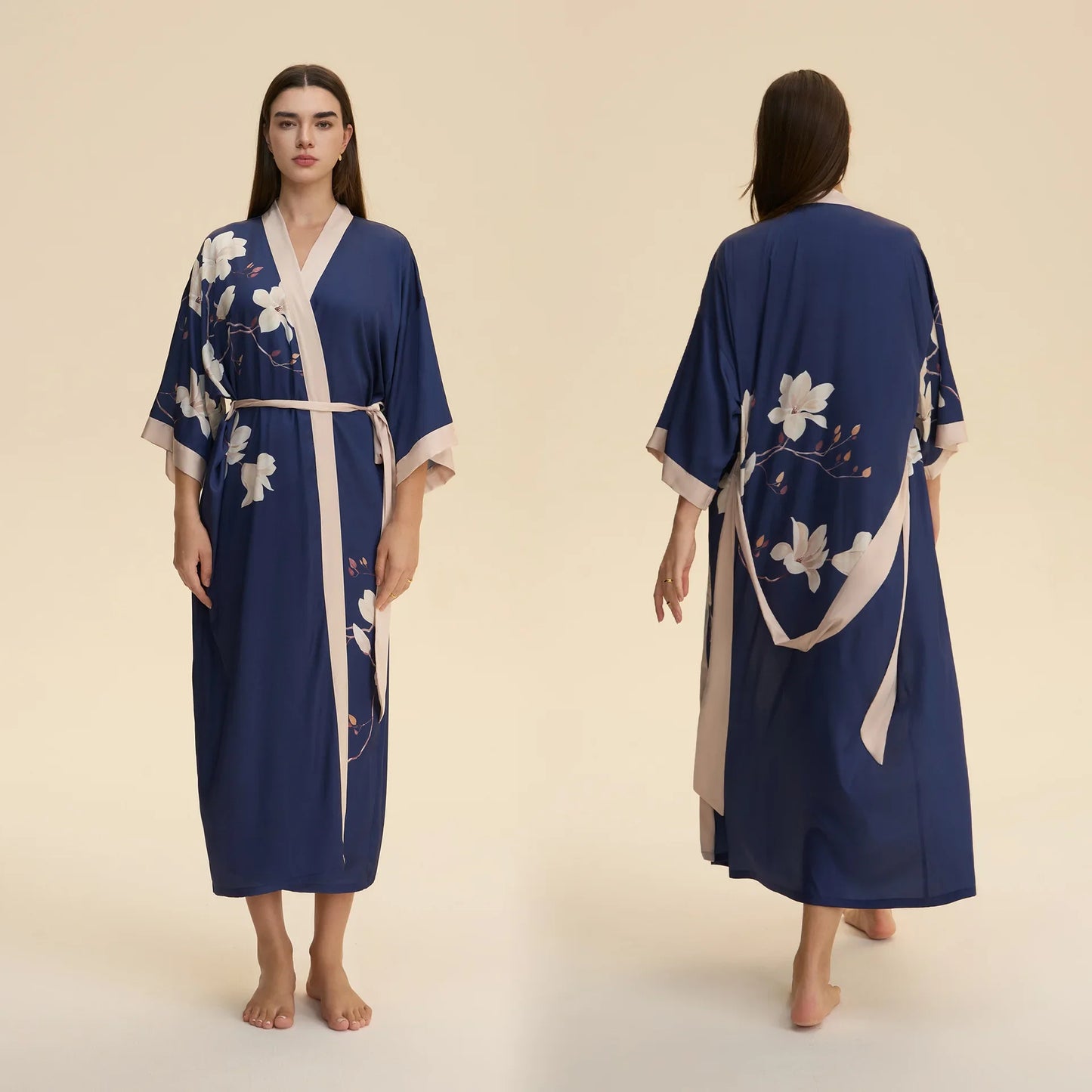 Chinese Style Print Flower Lonhg Robe Home Dress Silky Satin Kimono Bathrobe Gown Female Sleepwear Loose Nightgown Lounge Wear