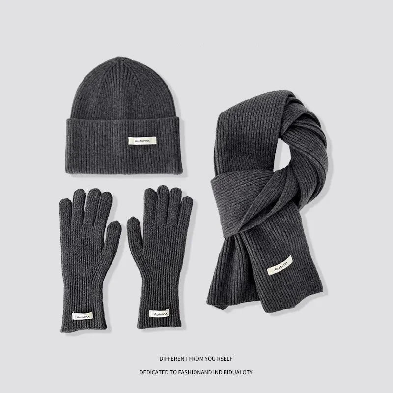Knitted Winter Scarf Woman Solid Color Hat Scarf Gloves Women's Windproof Adult Three-piece Set Fashion Women's Scarf Hat Set