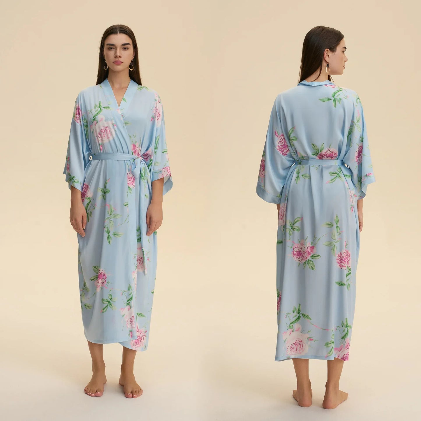 Chinese Style Print Flower Lonhg Robe Home Dress Silky Satin Kimono Bathrobe Gown Female Sleepwear Loose Nightgown Lounge Wear