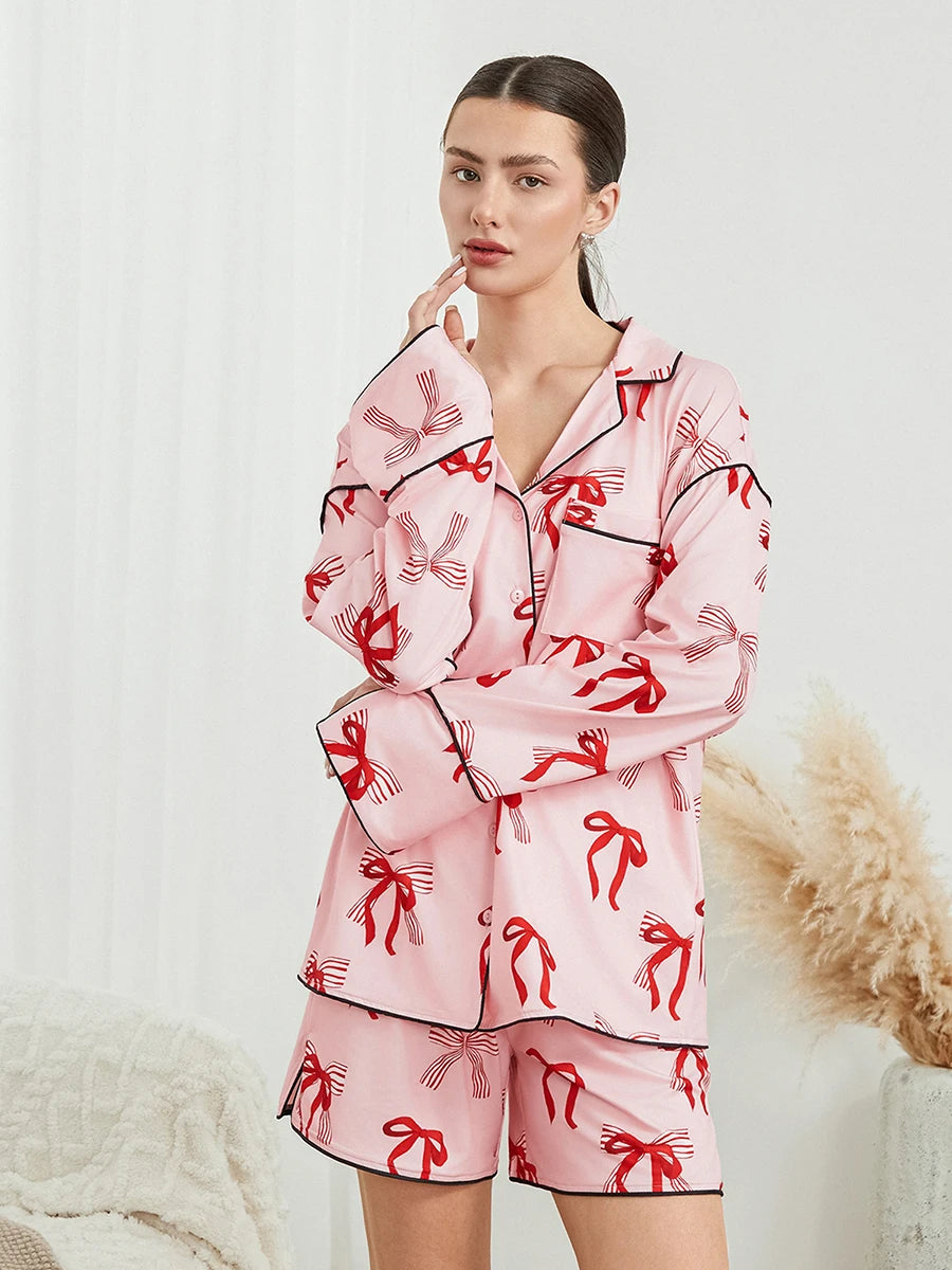 Women s Pajama Set V-Neck Long Sleeve Button Down Floral Print Tops Drawstring Waist Shorts Floral Print 2 Piece Lounge