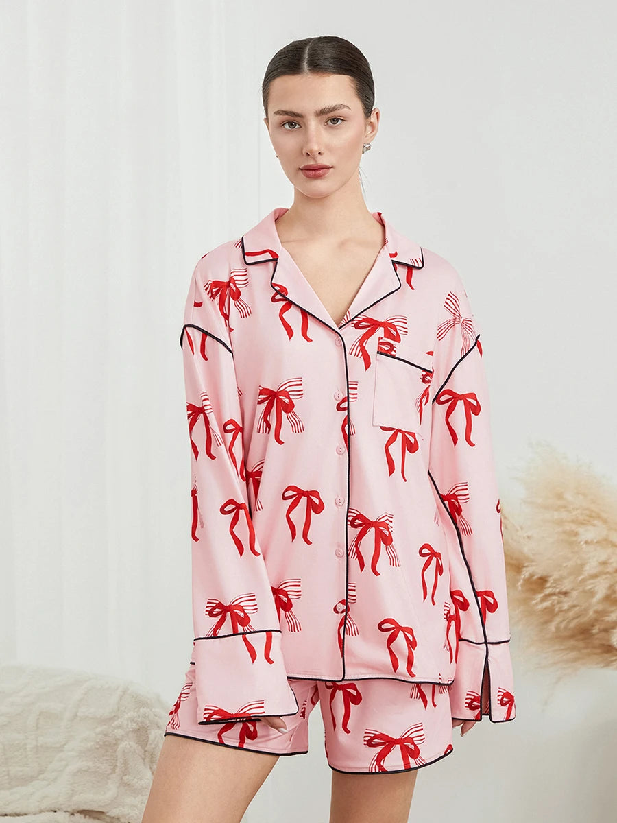 Women s Pajama Set V-Neck Long Sleeve Button Down Floral Print Tops Drawstring Waist Shorts Floral Print 2 Piece Lounge