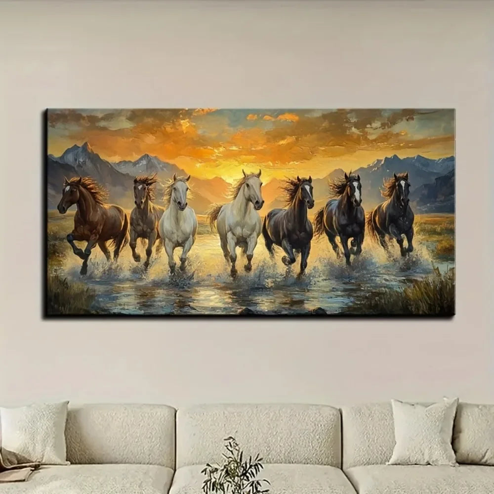 Elegant Feng Shui Seven horse canvas wall art with pine frame - waterproof, 1.5 inch thick horse decoration for sunset scenes