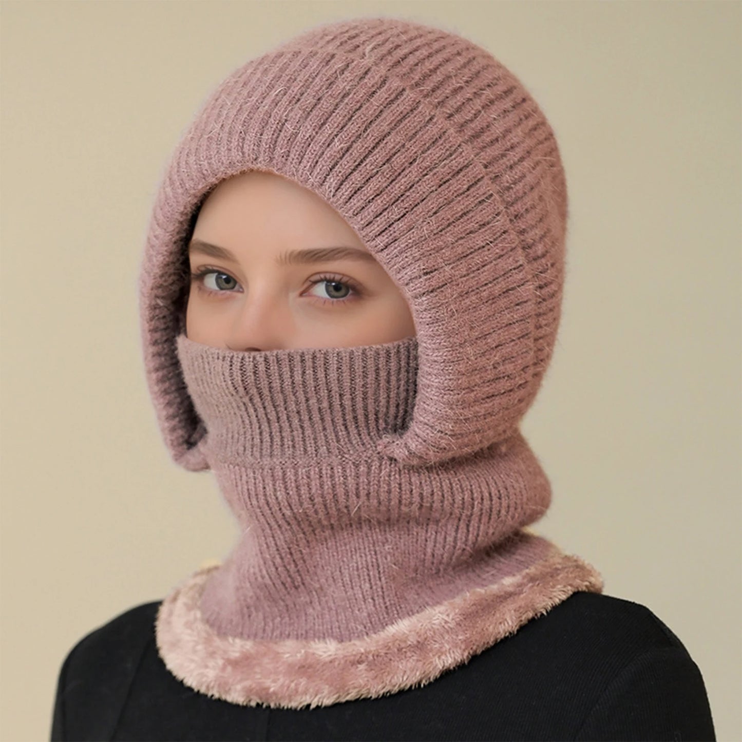 Women'S Scarf Face Mask One-Piece Knitted Hat With Thick Velvet Insulation And Warm Woolen Hat Winter Hat Woman