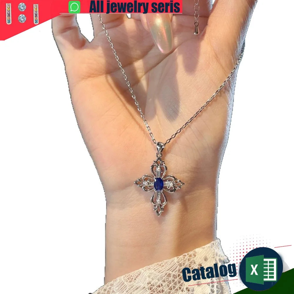 Sapphire Iris Cross Necklace Women's Light Luxury Niche Design Pendant Accessories Collarbone Chain Women