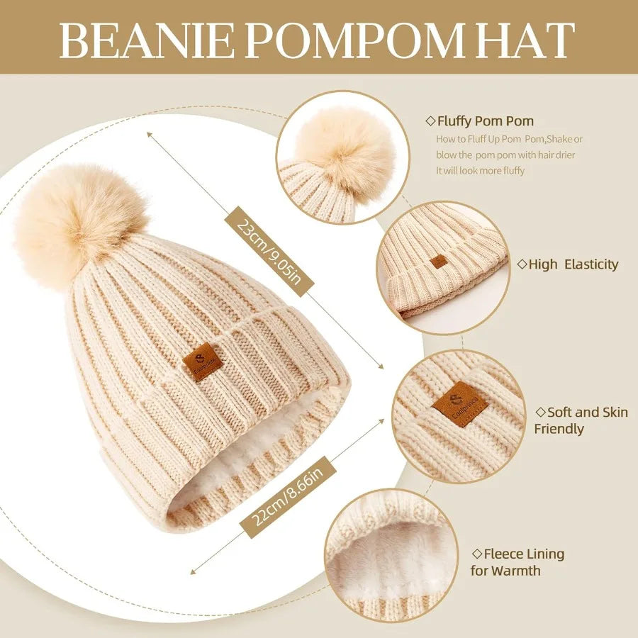 Winter Women's Long Scarf Gloves and Hat Set with Pom Pom for Cold Weather Protection Cozy Knit Beanie Hat with Matching Scarf
