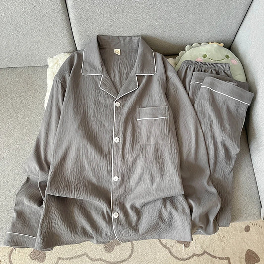 Autumn New Solid Simple Men's Pajamas Set Plus Size Lapel Neck Long Sleeve 2 PC Men's Pajamas Casual Soft Oversized Loungewear