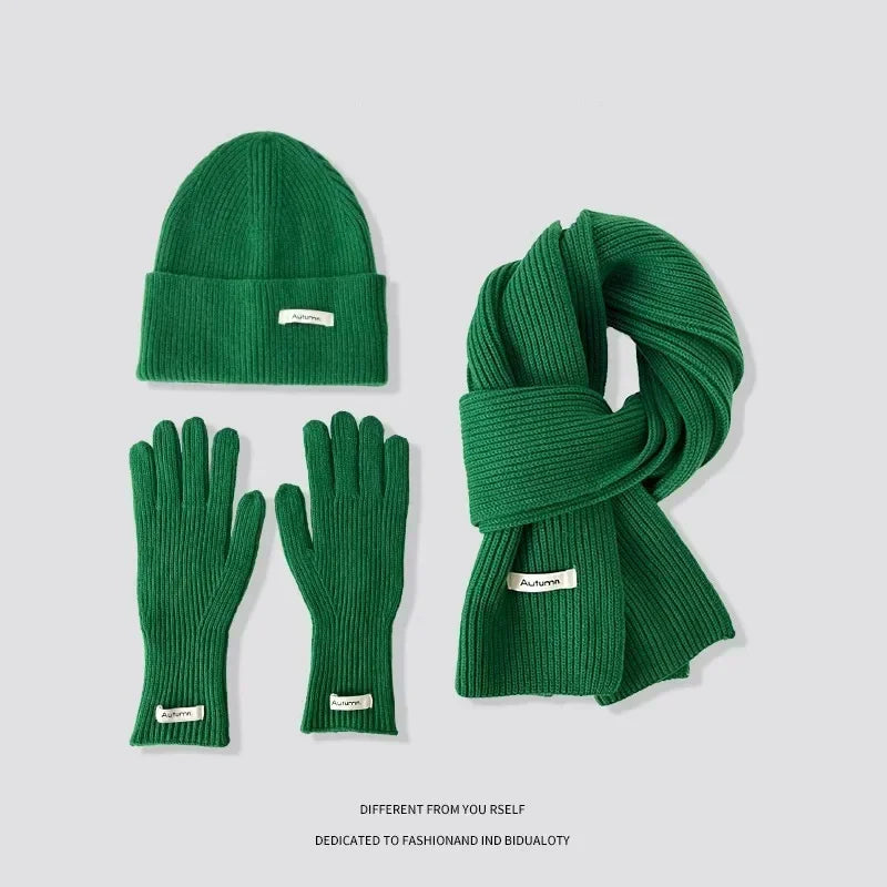 Knitted Winter Scarf Woman Solid Color Hat Scarf Gloves Women's Windproof Adult Three-piece Set Fashion Women's Scarf Hat Set