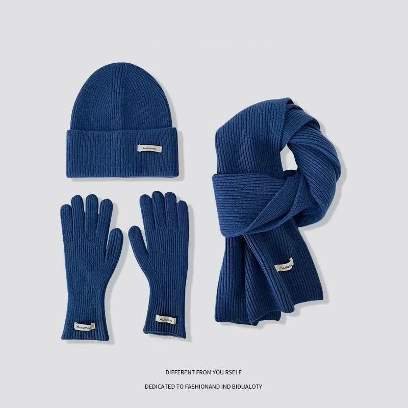 Knitted Winter Scarf Woman Solid Color Hat Scarf Gloves Women's Windproof Adult Three-piece Set Fashion Women's Scarf Hat Set