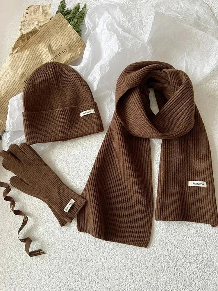 Knitted Winter Scarf Woman Solid Color Hat Scarf Gloves Women's Windproof Adult Three-piece Set Fashion Women's Scarf Hat Set