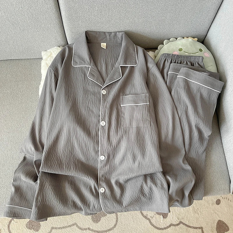 Autumn New Solid Simple Men's Pajamas Set Plus Size Lapel Neck Long Sleeve 2 PC Men's Pajamas Casual Soft Oversized Loungewear