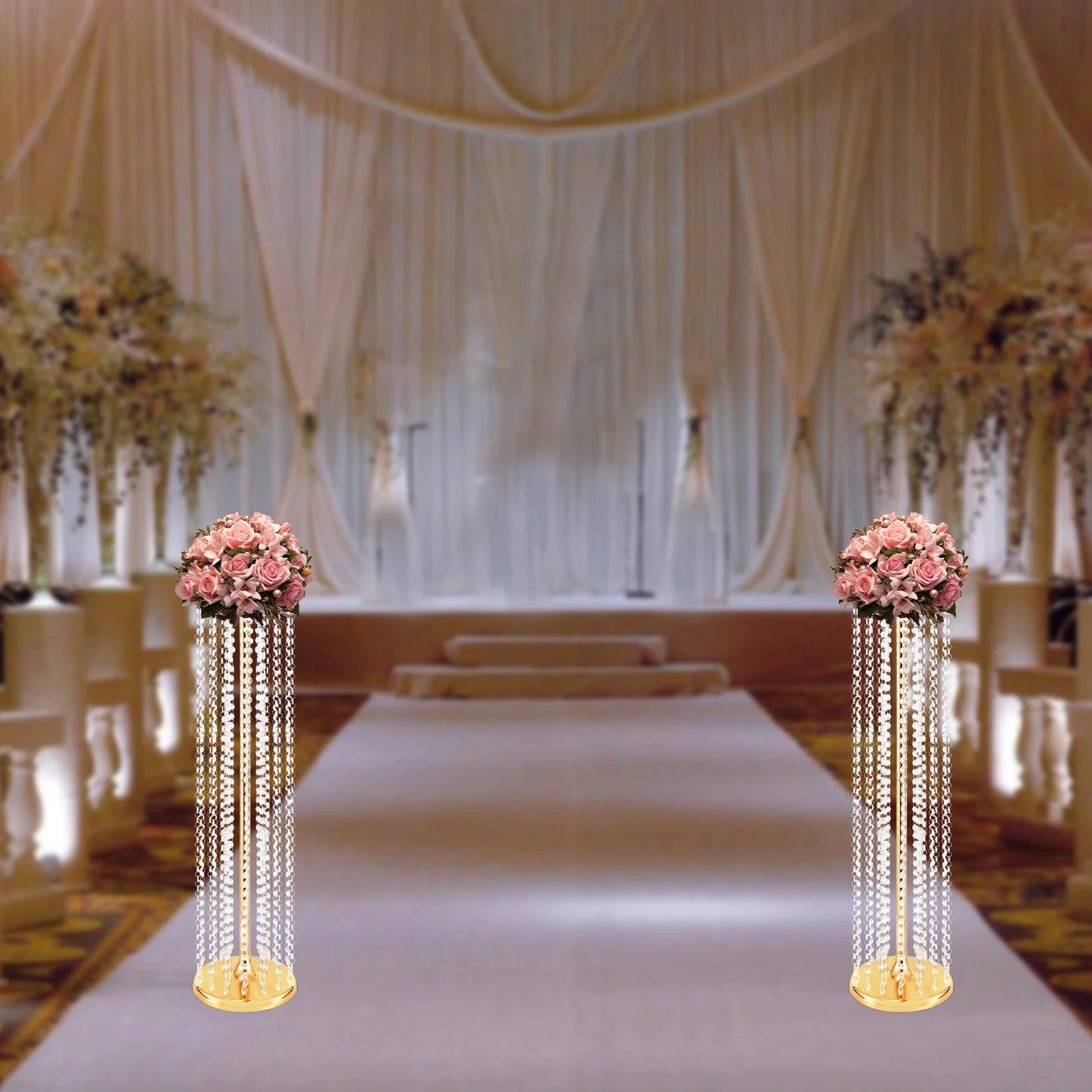 2 Pcs 90cm Wedding Centerpieces Flower Vases Acrylic Crystal Gold Vase Metal Flowers Stand for Party Tables Decorations
