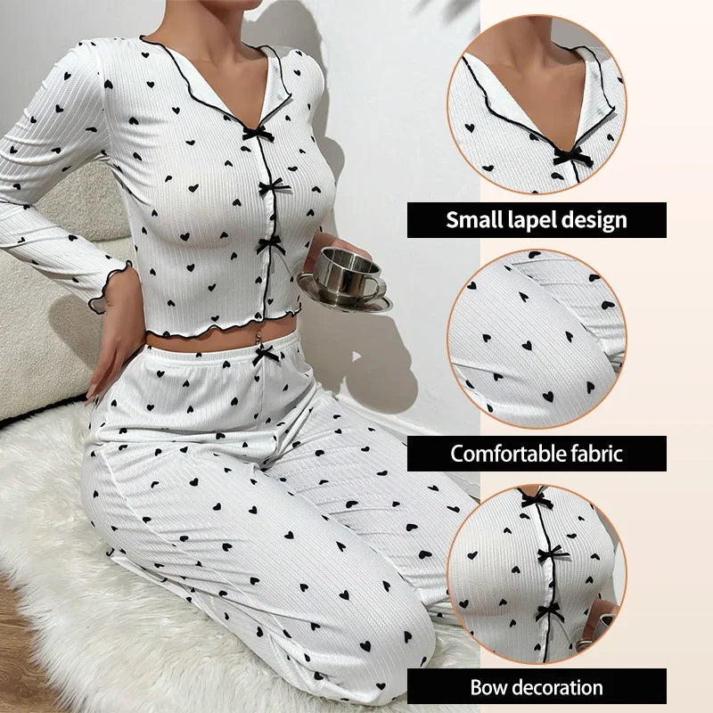 Women's V-Neck Pajama Set with Heart-Shaped Printed Long Sleeved Paired with Long Pants and Lettuce Trimmed Women's Pajama Set