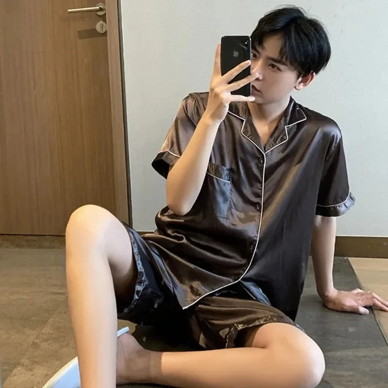 Solid Color Sleepwear Silk Satin Pajamas Couple Set Short-sleeved Pyjamas Suit Pijama Women Men Loungewear Plus Size Pj Set