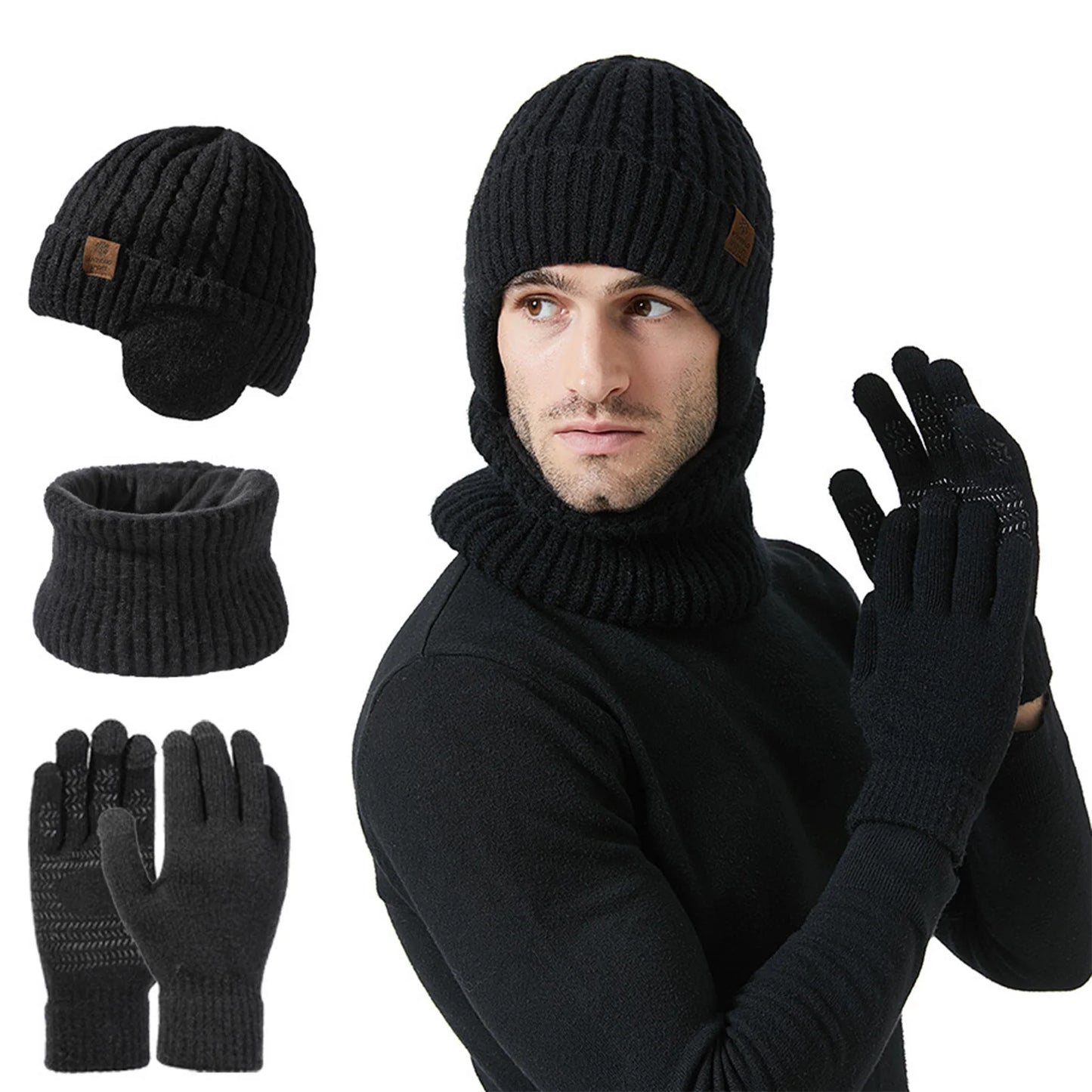 Warm Knit Beanie Hat Neck Scarf Glove Sets Knit Slouchy Beanie Hat Neck Warmer Screen-Touch Texting Scarves glove for Men women